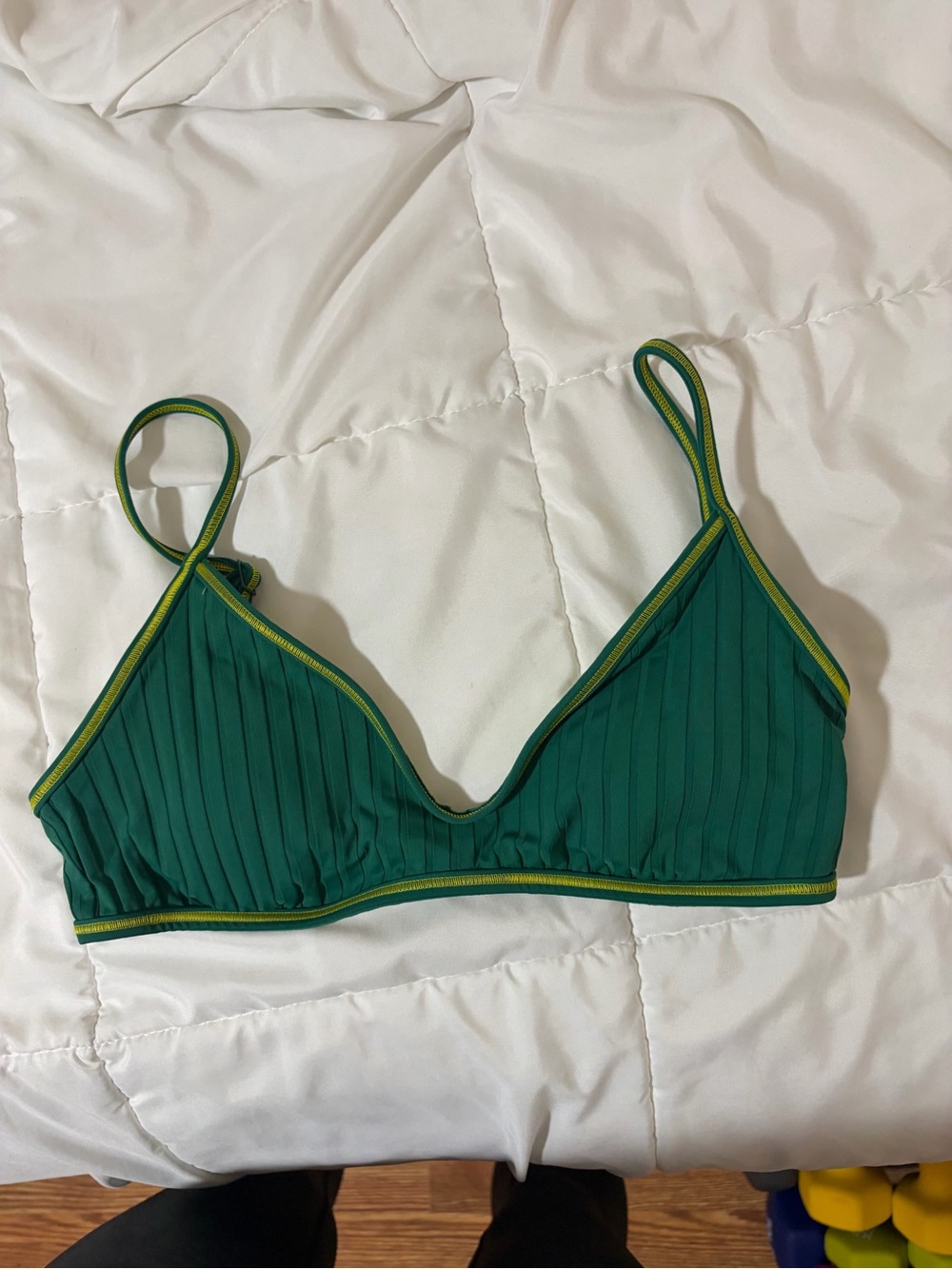 aerie Green Ribbed Triangle Bikini Top with Yellow Contrast Trim